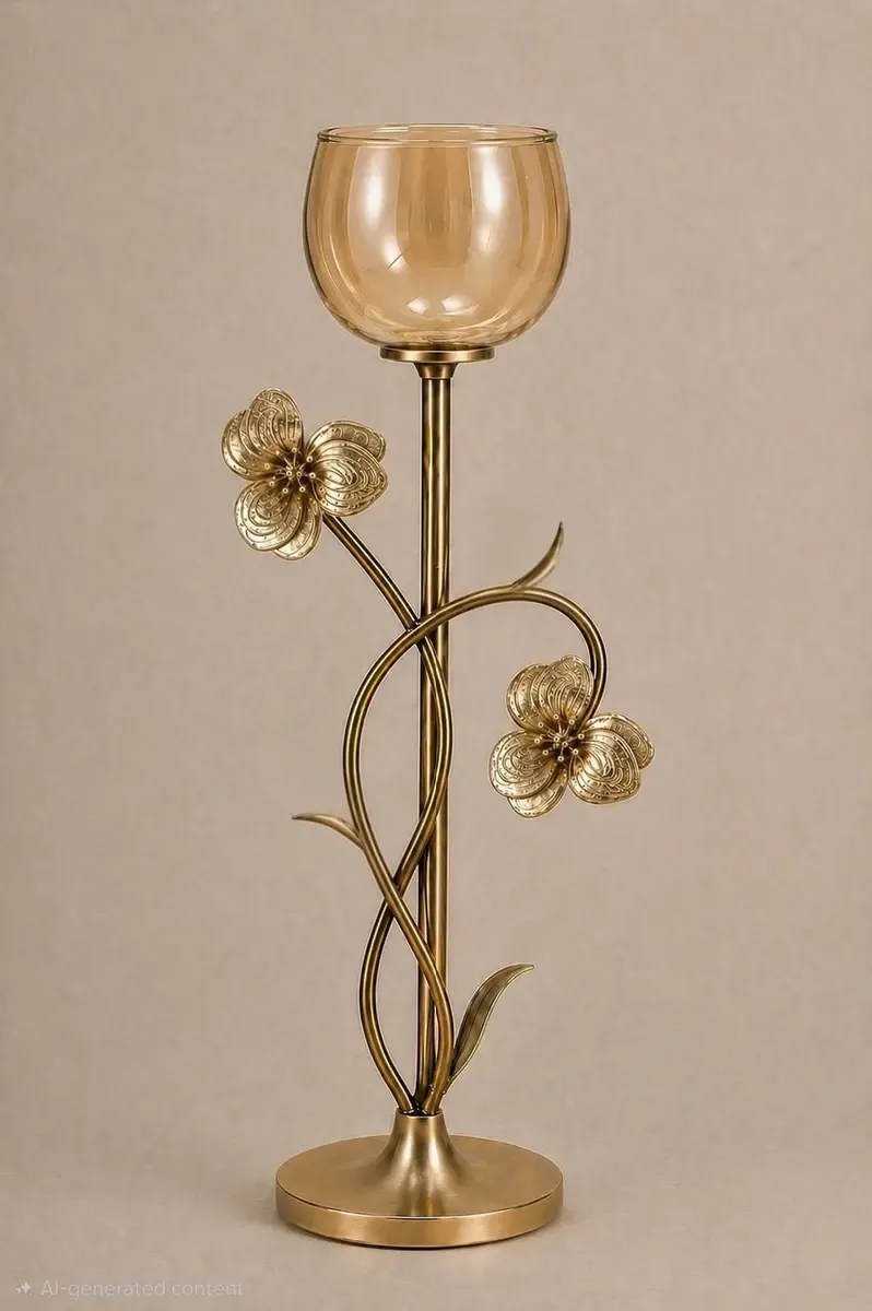 Stemmed candle holder with an amber-tinted glass cup on a twisting antique gold metal stem with two flowers