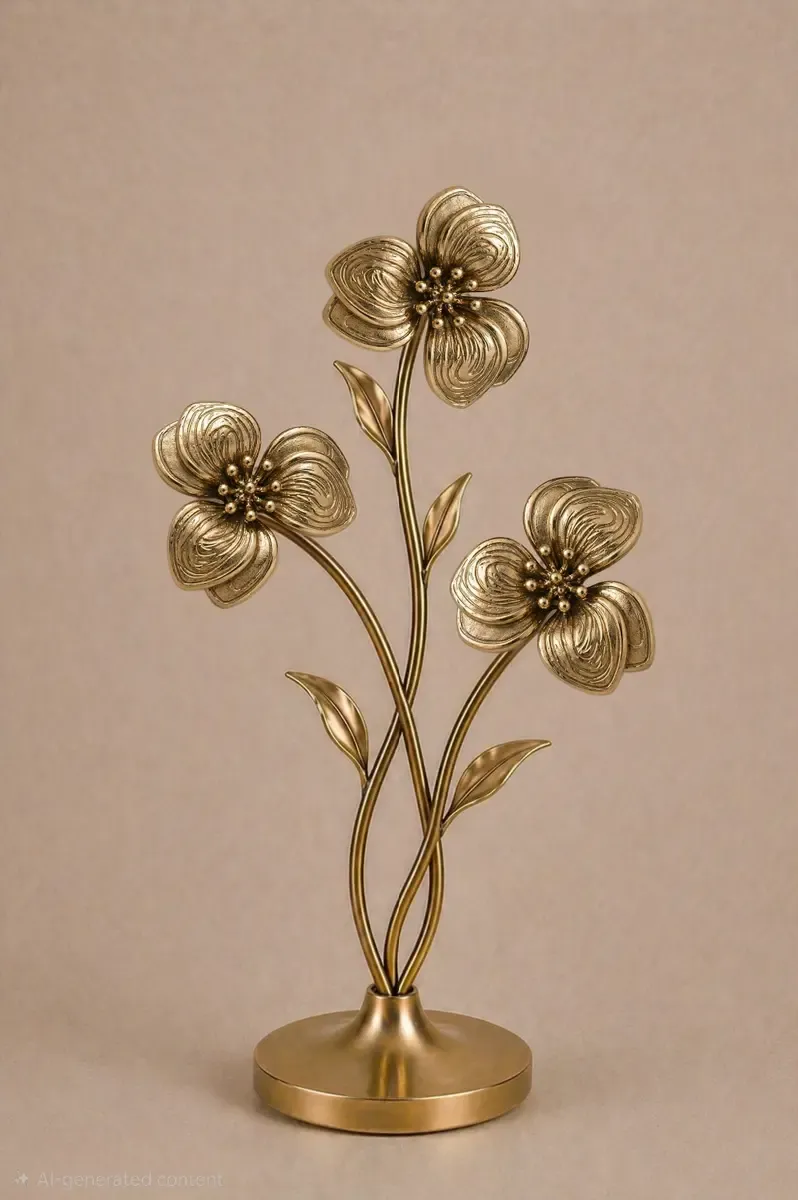 Floral sculpture of three antique gold metal flowers on intertwined stems and a round base