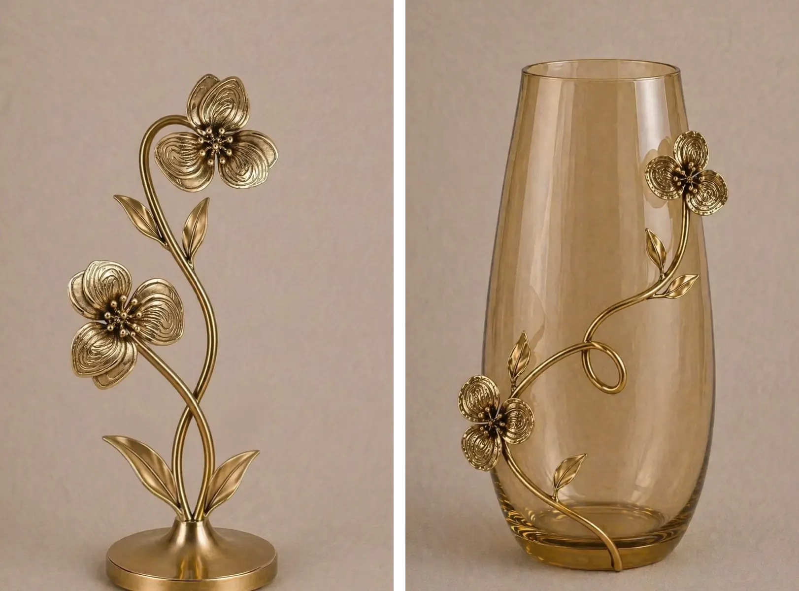 An antique gold metal flower stem on a round base beside an amber-tinted glass vase wrapped by the same gold stem, showing the satin gold relief and the honey-toned glass