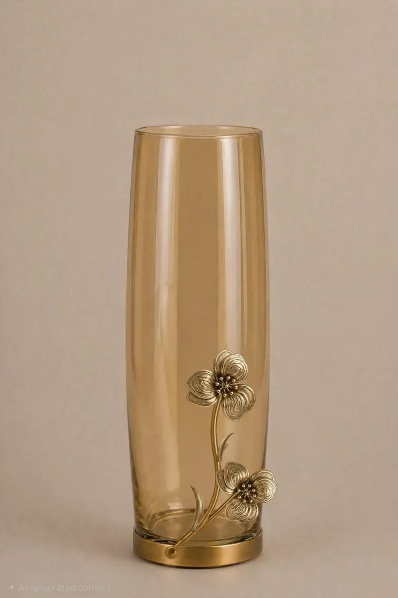 Tall cylindrical accent vase in amber-tinted glass with an antique gold metal flower at its base