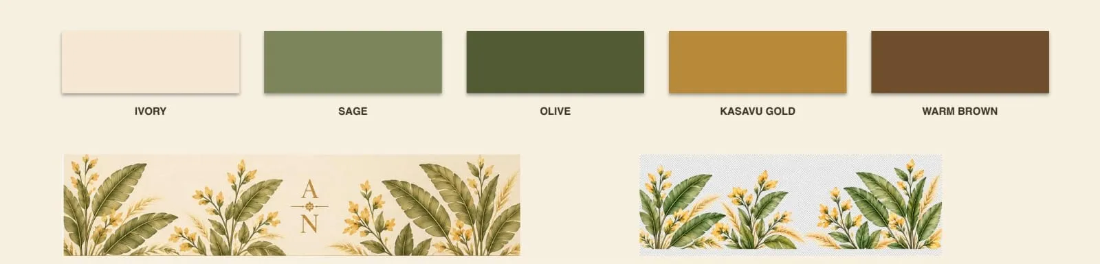 Palette swatches in ivory, sage, olive, kasavu gold and warm brown, above the printed botanical artwork strip and its selective gold foil layer