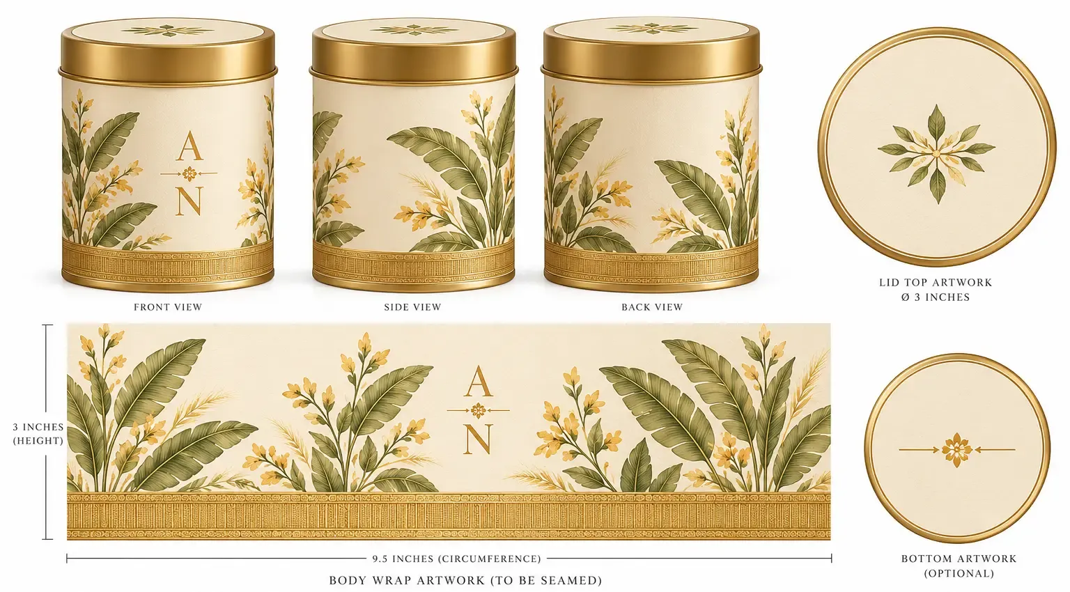 Metal tin in front, side and back views, with the flat body wrap artwork, the lid top emblem and the optional bottom artwork in ivory, olive and gold