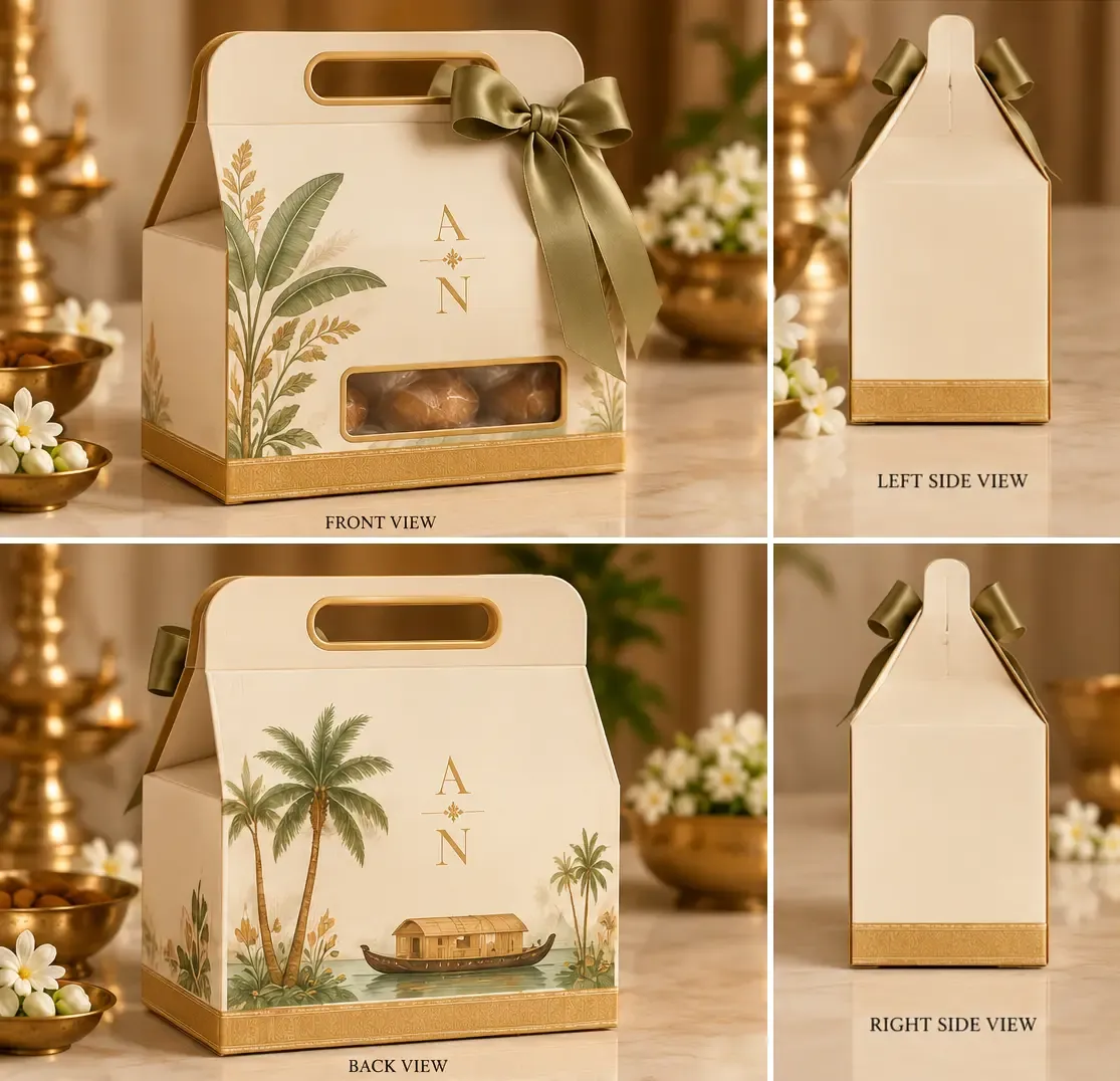 Front, back, left and right side views of the ivory gable box gift bag, with banana-leaf artwork on the front, a Kerala houseboat scene on the back and plain sides with a gold base band
