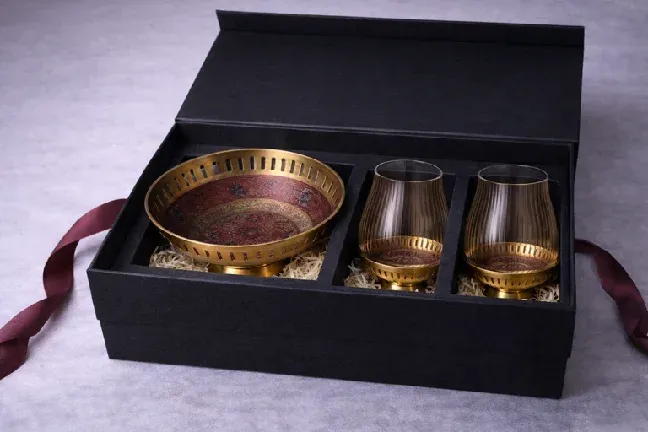 Concept gift set: brass bowl and glass tumblers in a black presentation box
