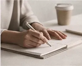 Hands taking notes in a notebook during market research